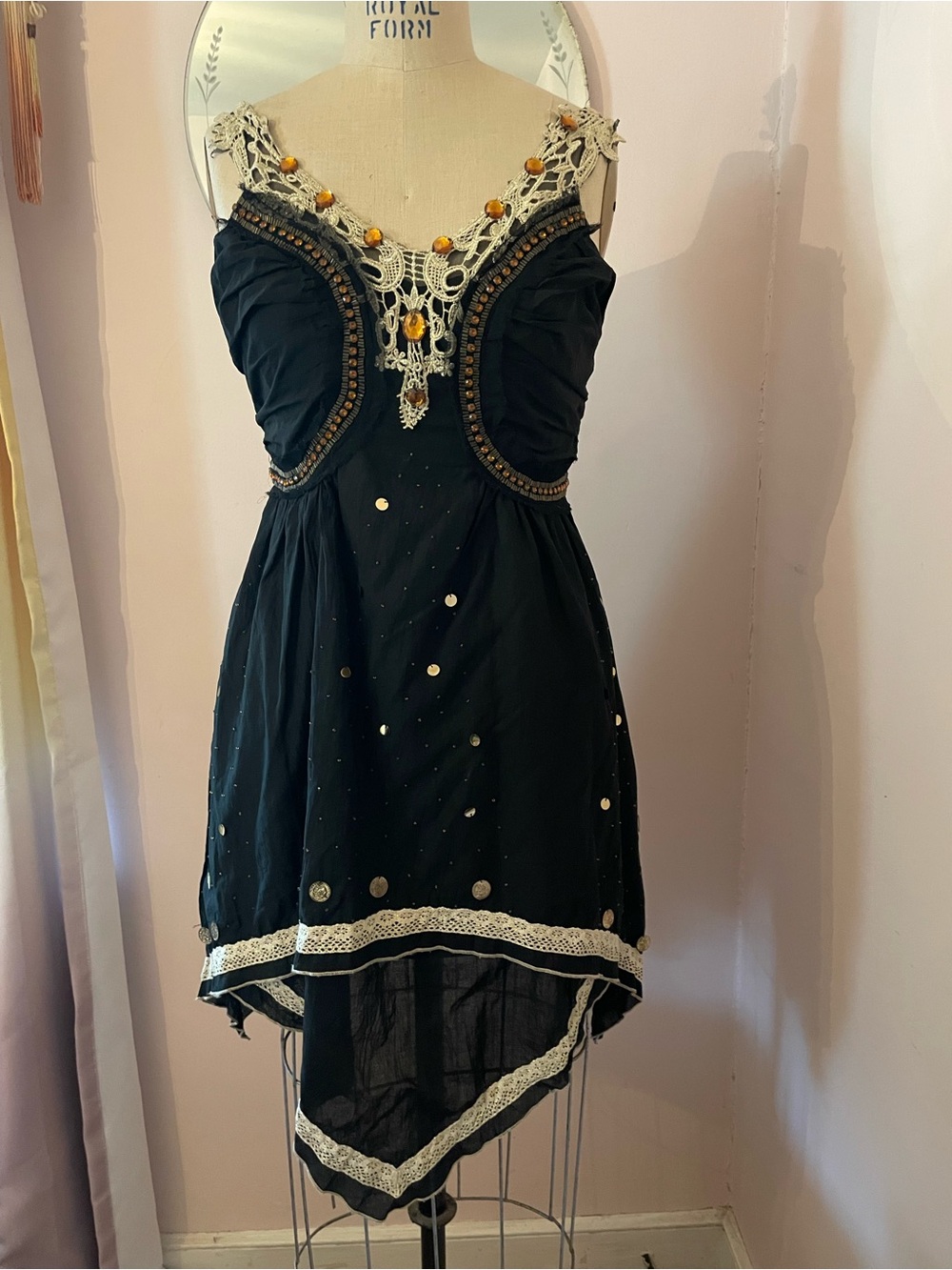 Lida Collection Black Bohemian Dress w Coins, Beaded Lace-Trim